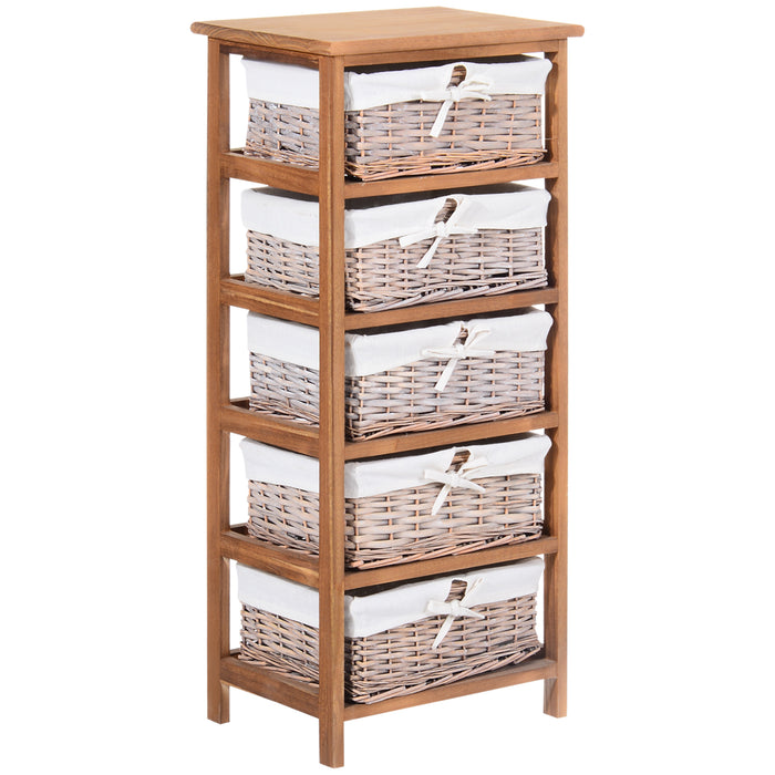 5-Drawer Wooden Dresser with Wicker Baskets - Versatile Storage Shelf Unit for Bedroom and Office Organization - Elegant Natural Finish Home Cabinet