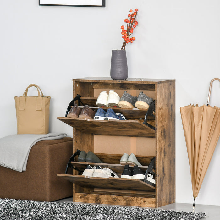 Industrial Shoe Cupboard with 2 Flip Drawers - Hallway Wooden Storage Organizer, Adjustable Shelf for 12 Pairs - Rustic Brown Entryway Footwear Solution