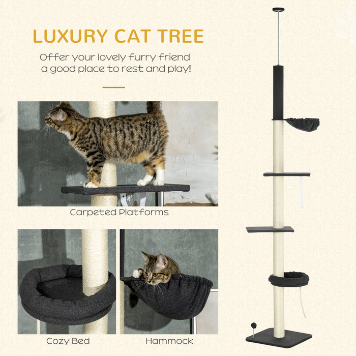 Floor-to-Ceiling 5-Tier Cat Tower - Adjustable Height Multi-Level Climbing Tree with Scratching Posts, Black - Ideal for Active Cats and Kittens