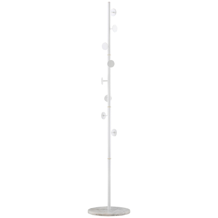 Modern Free-Standing Hall Tree Coat Rack - 8 Round Disc Hooks, Marble Base, Steel Frame for Clothing & Accessories - Ideal for Entryway Organization