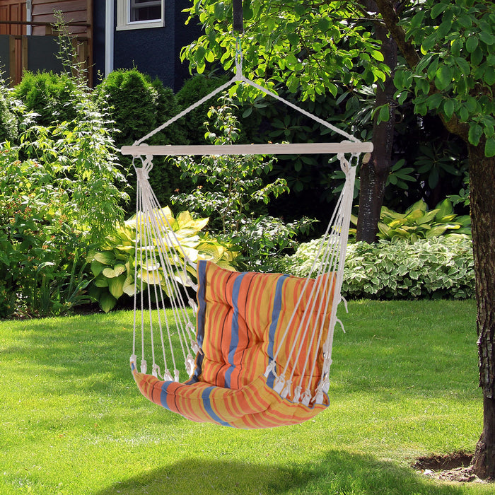 Cotton Rope Hammock Chair with Cushions - Cozy Swing Seat for Garden, Yard, and Patio, Wooden and Cloth Construction - Ideal for Outdoor Relaxation, Orange Color