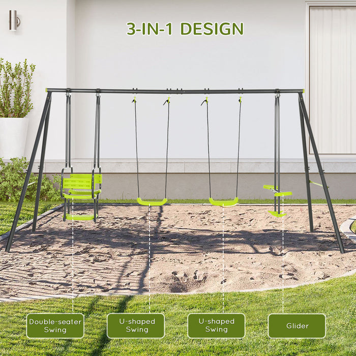 Deluxe Metal Garden Swing Set - Double Seat & Glider Swings with Sturdy Frame in Green - Outdoor Fun for Kids & Family