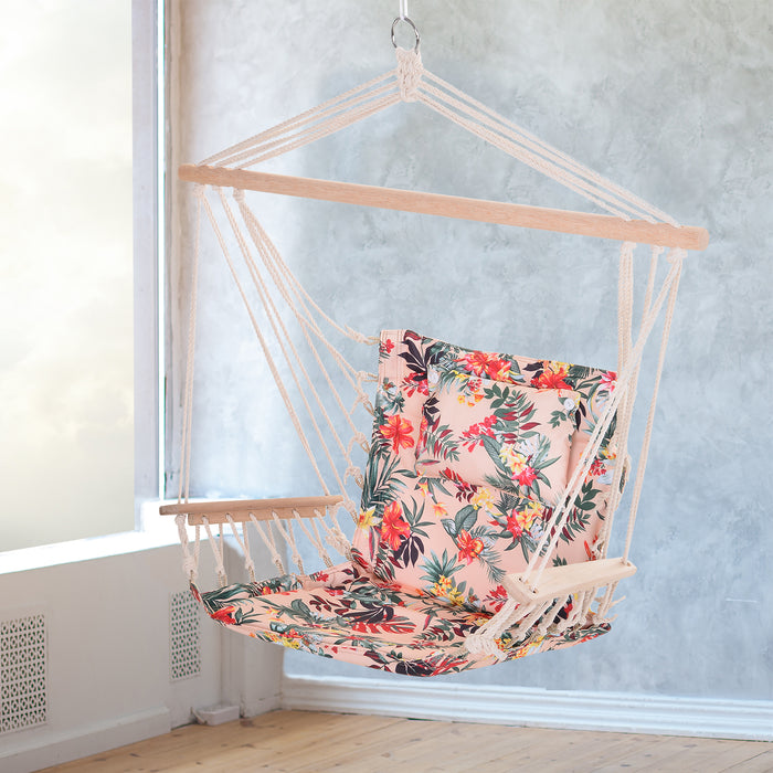 Hanging Hammock Chair with Thick Rope and Wooden Arms - Safe, Wide Seat with Stylish Multicoloured Floral Design for Outdoor Gardens - Comfortable Lounging for Your Personal Relaxation Spot