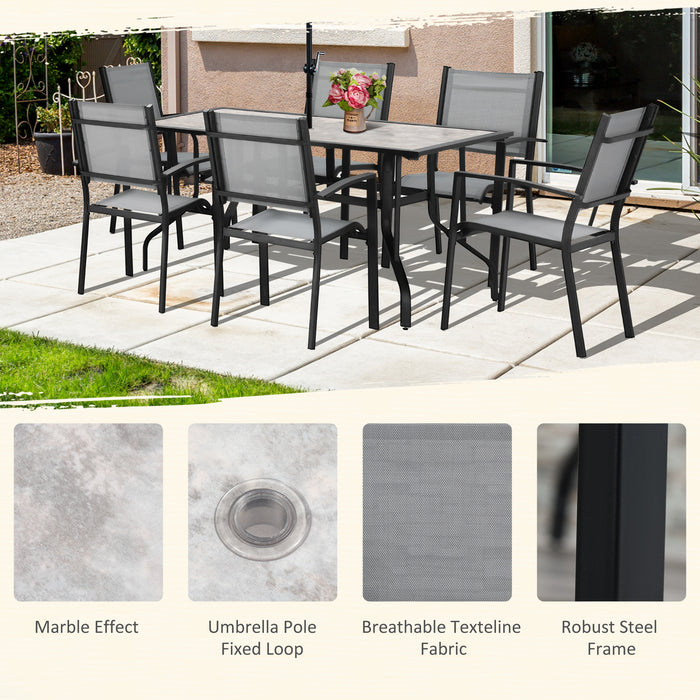 7 Piece Garden Dining Set - Outdoor Patio Furniture with Armchairs, Parasol Hole Table, Texteline Seats - Perfect 6 Seater Set for Backyard Comfort, Grey