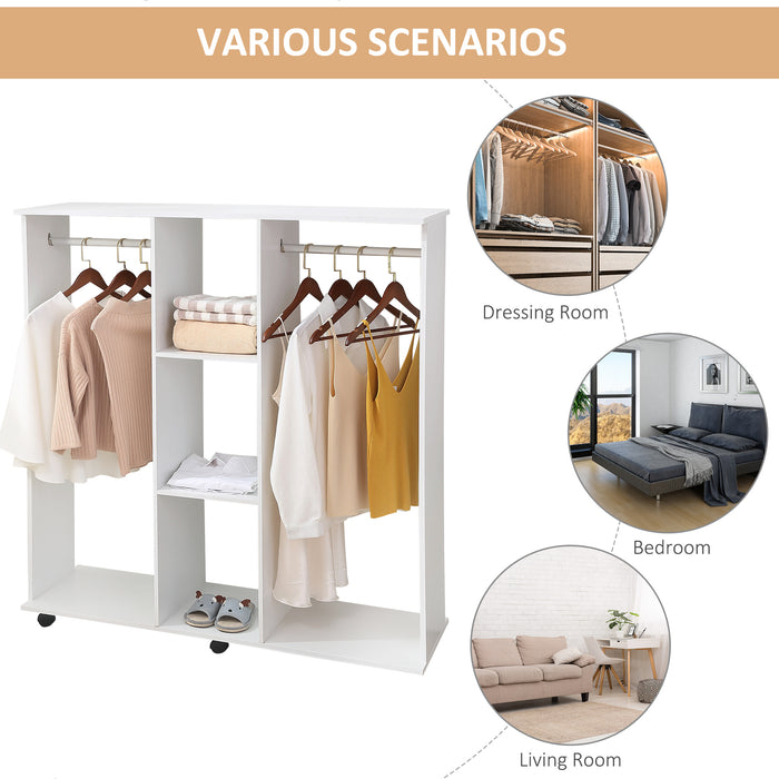 Double Mobile Open Wardrobe - Clothes Hanging Rails and Storage Shelves Organizer for Bedroom - Space-Saving White Furniture Piece