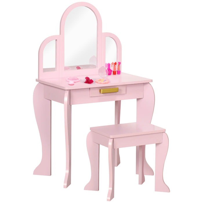 Kids Vanity Set with Stool and Mirror - Dressing Table with Drawer, Girls' Pink Makeup Desk - Perfect for 3-6 Year Old Children's Playtime and Creativity