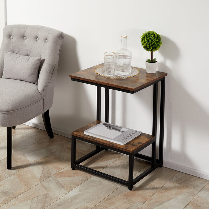 Double Layer Modern Side Table with Steel Frame - Rustic Brown End Table, Adjustable Non-Slip Feet - Ideal for Living Room, Bedroom Spaces