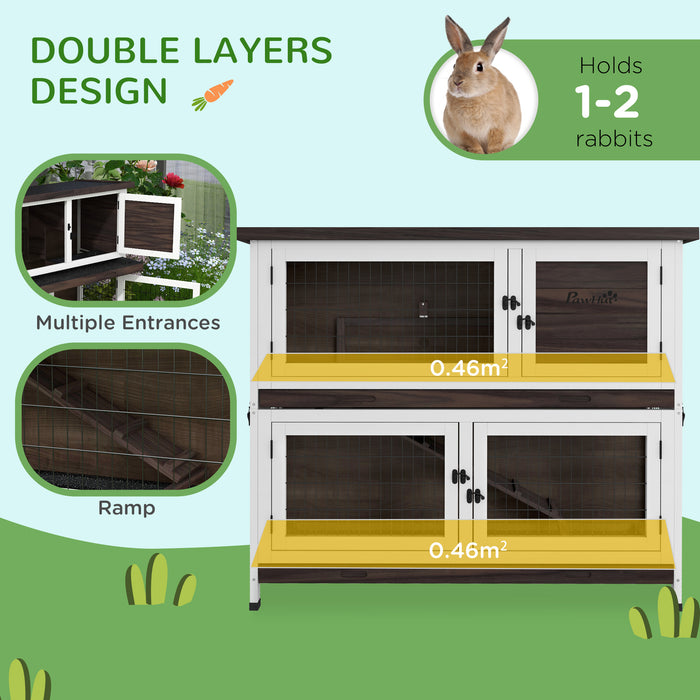 Outdoor Double-Deck Rabbit Hutch - Sliding Trays, Asphalt Roof, Tool-Free Setup - Ideal for 1-2 Rabbits or Guinea Pigs