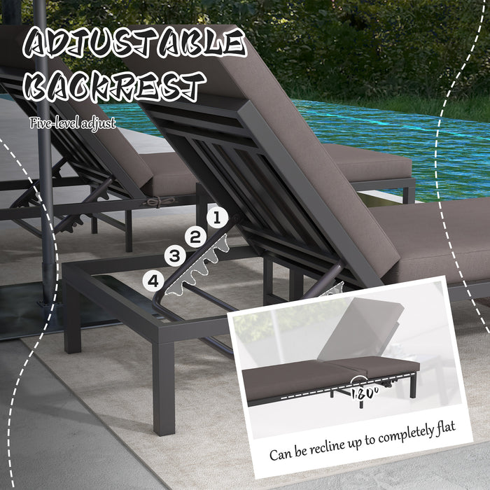 Garden Sun Loungers Set with Cushions - 5-Level Adjustable Reclining Beds & Glass Top Table Combo - Ideal for Patio Relaxation and Entertaining