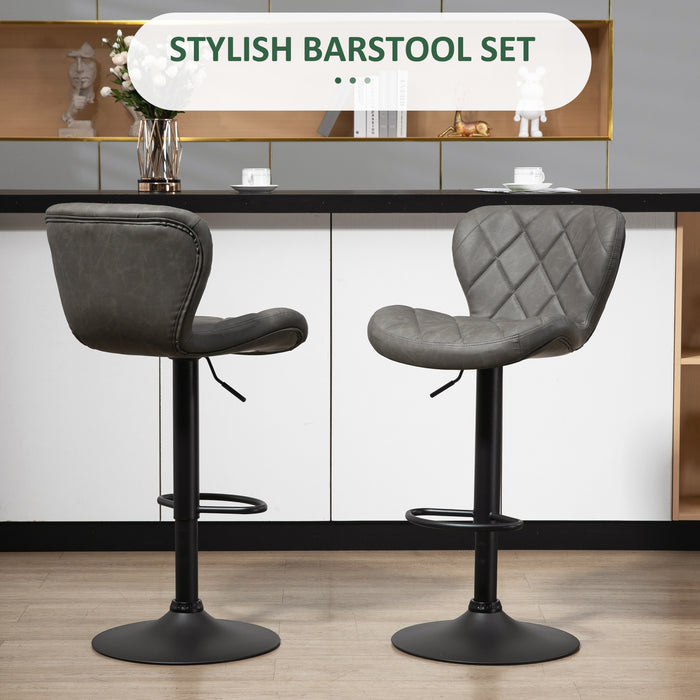 Adjustable Swivel Barstools Set of 2 - Dark Grey PU with Diamond Pattern, Backrest & Footrest, Steel Frame - Ideal for Kitchen Dining & Entertaining