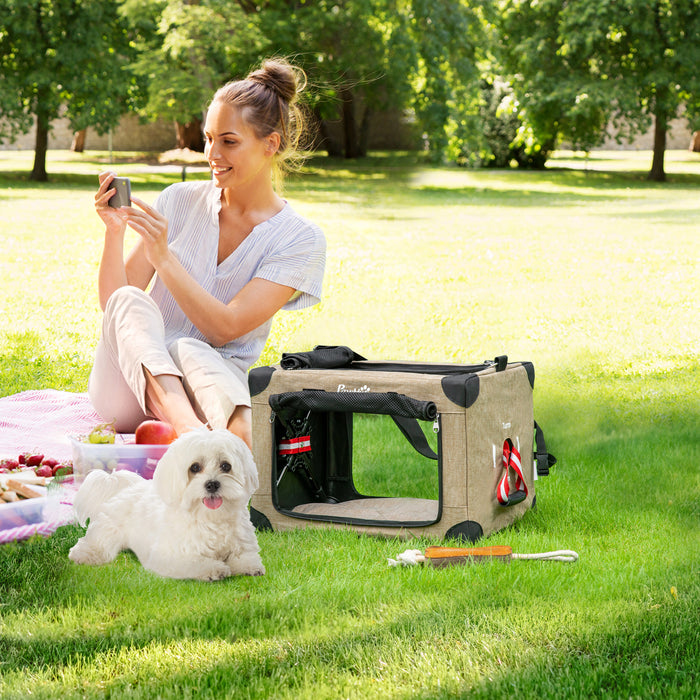 Portable Folding Cat Carrier with Soft Cushion - Adjustable Strap Pet Travel Bag for Extra Small Dogs, Khaki - Ideal for Cats & Tiny Canine Companions