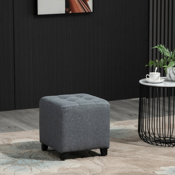 Linen-Look Ottoman with Button Tufting - Upholstered Square Footstool, Padded Wood Frame, Side Table Functionality - Stylish Grey Home Furniture for Living Room Comfort and Versatility