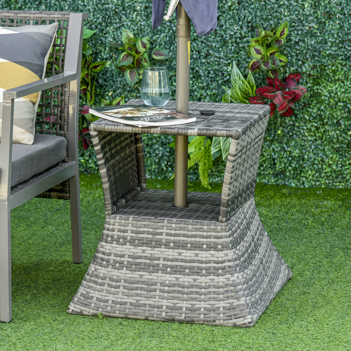 Outdoor Rattan Wicker Bistro Coffee Table with Umbrella Hole - Grey Patio Side Table with Storage Space - Ideal for Deck, Garden & Poolside Entertaining