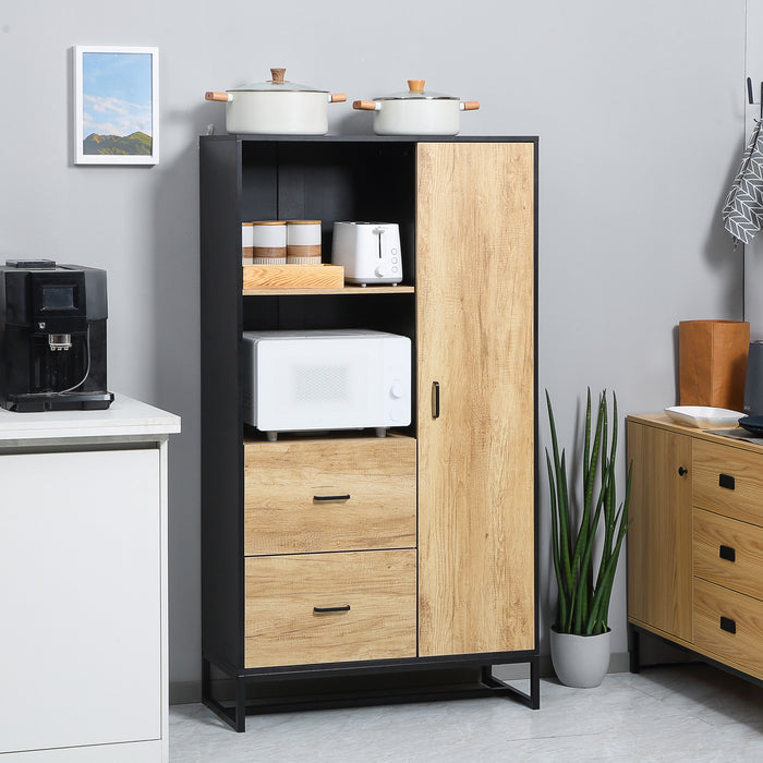 Freestanding Kitchen Storage Cabinet - Adjustable Shelves, Soft Close Door, Microwave Stand with Drawers - Stylish Organizer for Kitchen Essentials in Natural & Black