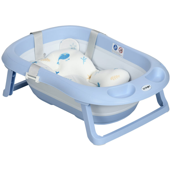 Foldable Baby Bath Tub with Safety Features - Non-Slip, Cushioned, Drain Plug, & Shower Holder - Ideal for Newborns to Toddlers up to 6 Years, Blue