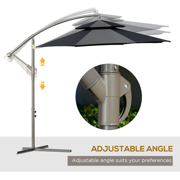 Banana Parasol Cantilever Umbrella 2.7m - Double Tier Canopy, Crank Handle, Cross Base Outdoor Sun Shade - Perfect for Patio, Garden & Poolside Shelter