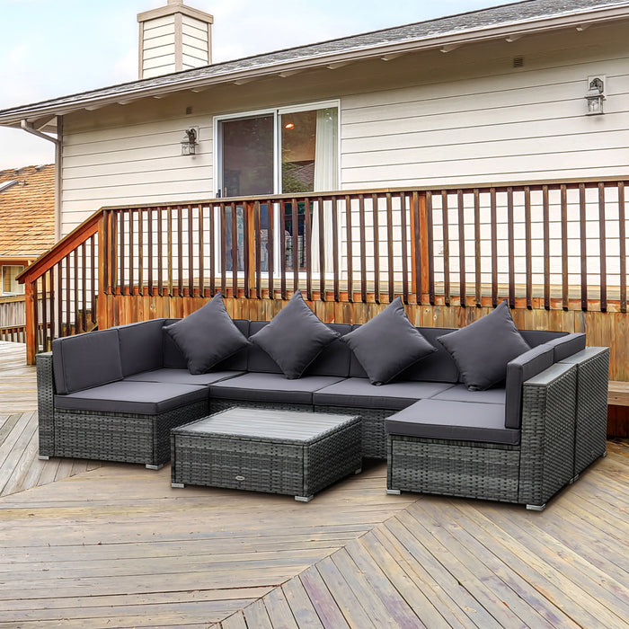 Outdoor PE Rattan 7-Piece Patio Wicker Sofa Set - Acacia Table Top with Comfortable Cushions - Ideal for Garden and Backyard Entertaining