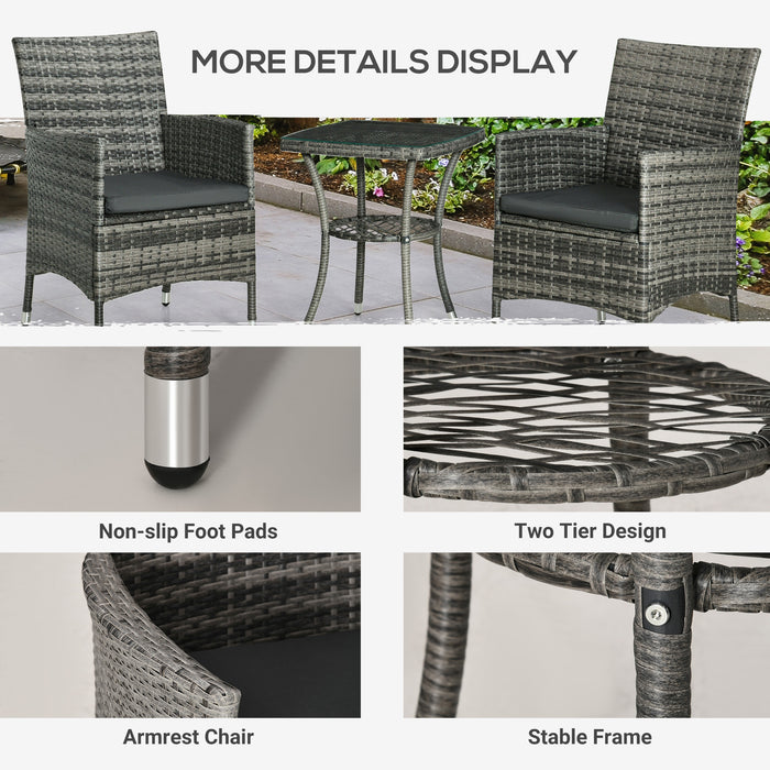 Rattan Garden Bistro 3-Piece Set - Patio Weave Companion Chairs with Cushions and Matching Table - Ideal for Conservatory and Outdoor Seating, Light Grey