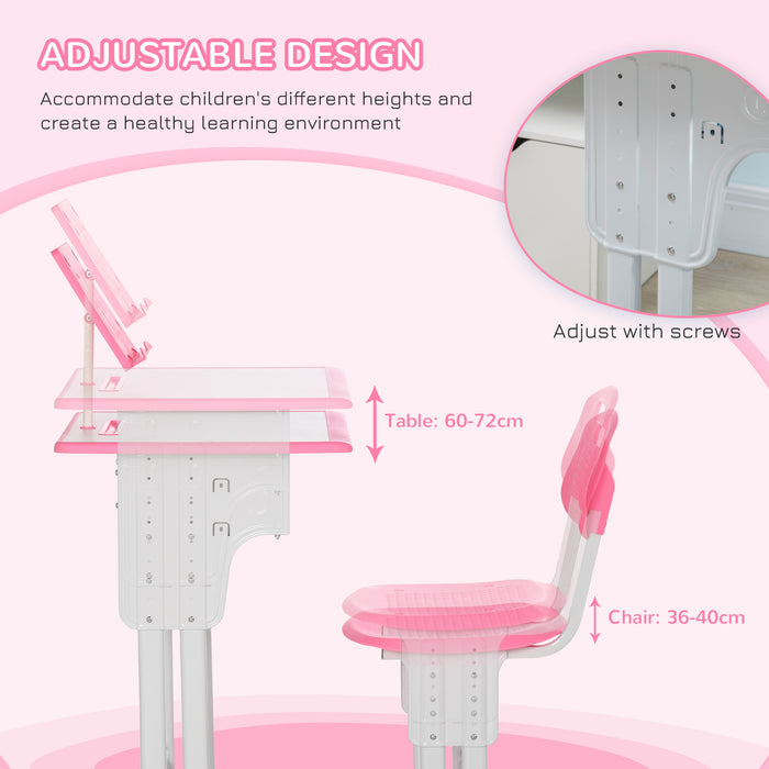 Kids Study Desk and Chair Combo - Adjustable Height, Storage Drawer, Book Stand, Cup Holder, Pen Holder - Ideal for Homework and Art Projects