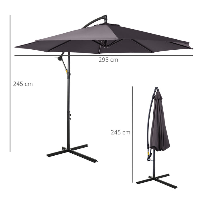 Banana Cantilever Garden Umbrella with Crank Handle - 3M Sunshade, 8-Rib Structure, Grey, Includes Cross Base - Ideal for Outdoor Relaxation and UV Protection