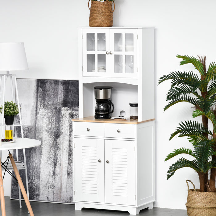 Modern Louvered Cupboard - Framed Glass Door Kitchen Storage with Dual Drawers - Sleek White Organizer for Contemporary Home