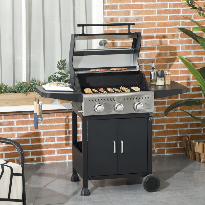 9 kW Triple Burner Gas Barbecue Grill with Transparent Lid - Durable Outdoor Cooking Station, Black Finish - Ideal for Patio Parties and Family Gatherings