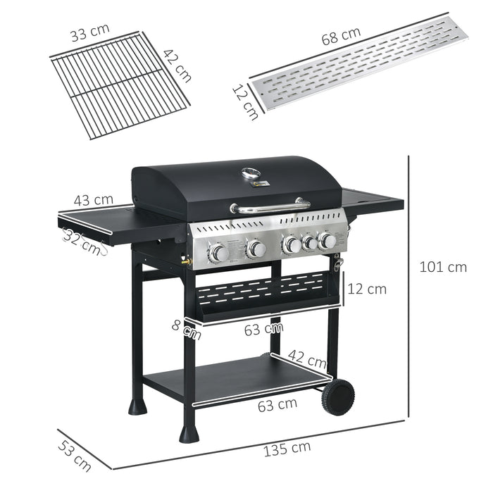 Galvanised Steel 4+1 Burner BBQ Grill - Durable Outdoor Gas Barbecue with Side Burner and Trolley - Ideal for Patio Cooking and Family Gatherings