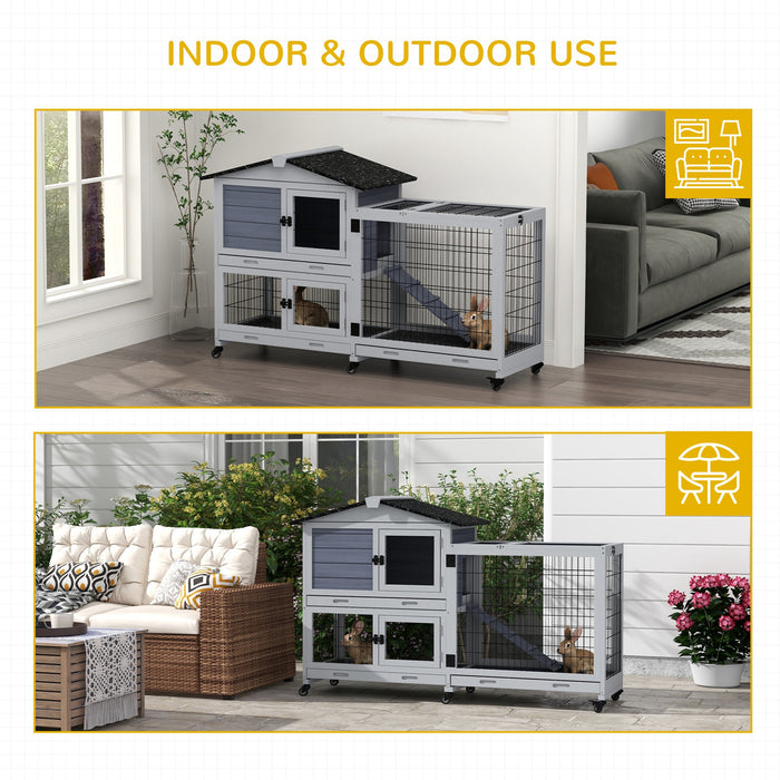 Portable Bunny Haven with Wheeled Base - Outdoor Indoor Rabbit Hutch with Play Run, Easy Clean Slide-Out Trays, and Access Ramp - Durable Grey Habitat for Pet Rabbits and Small Animals