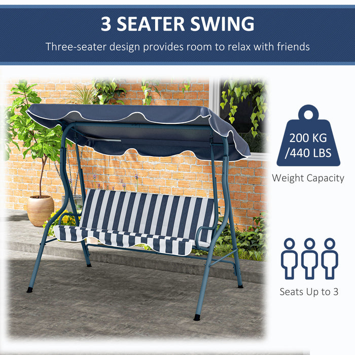 Outdoor 3-Seater Swing Bench with Adjustable Canopy - Blue Striped Garden Chair, Durable Metal Frame - Relaxation and Comfort for Patio or Yard