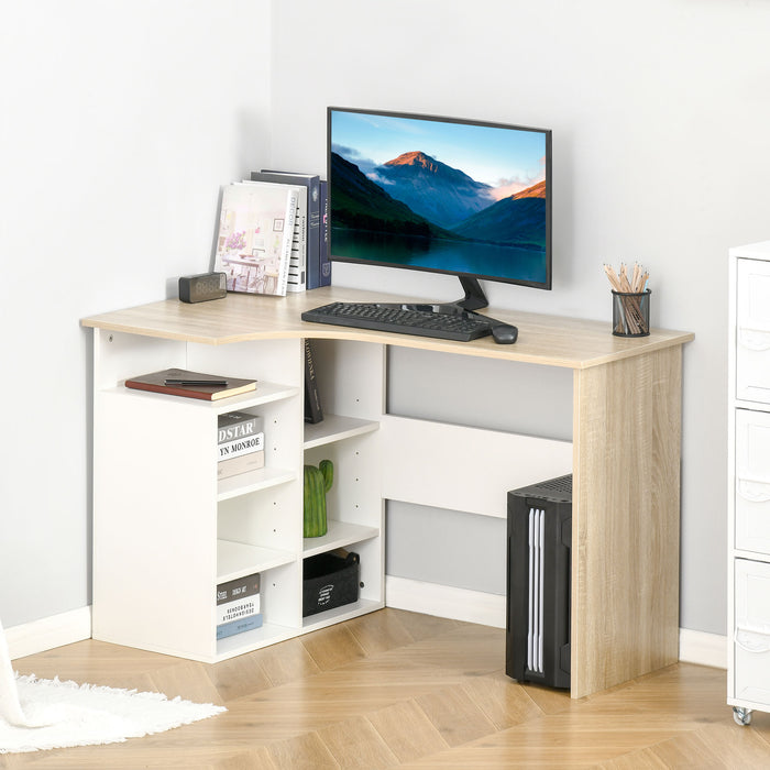 L-Shaped Corner Desk for Home Office - Study Table with Storage Shelf, PC Workstation in Oak and White - Ideal for Small Spaces and Productivity Boost