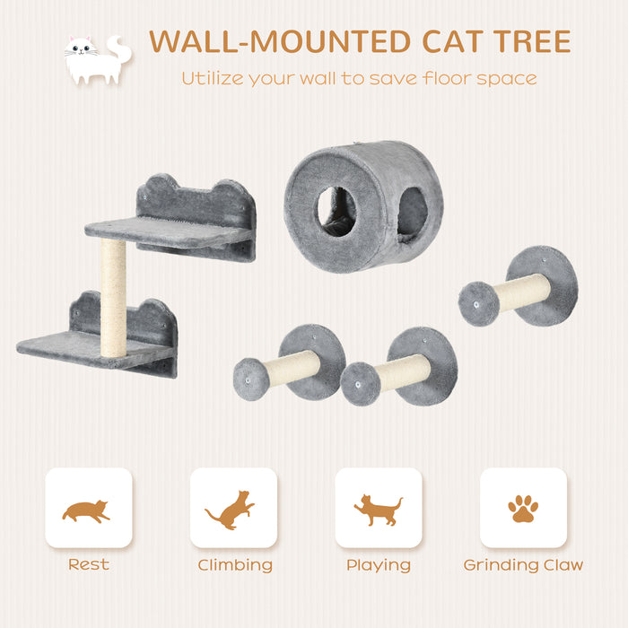 5Pcs Wall-Mounted Cat Tree Combo - Perch, Condo, and Scratching Post in Grey - Ideal for Indoor Cats' Play and Lounge