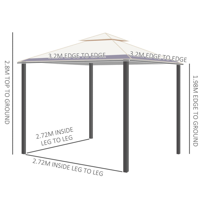 Vented Roof Steel Frame Gazebo - Spacious 3.2m x 3.2m Outdoor Shelter, Beige Canopy - Ideal for Garden Gatherings and Events