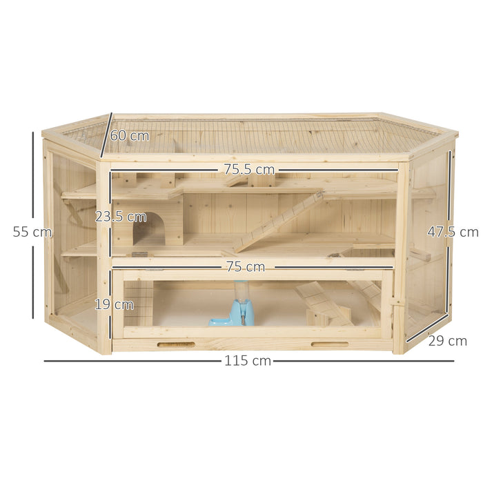 Large Wooden Hamster Habitat - 3-Tier Exercise Playhouse with Slide for Small Animals - Eco-Friendly Natural Activity Center for Mice, Rats, and Hamsters