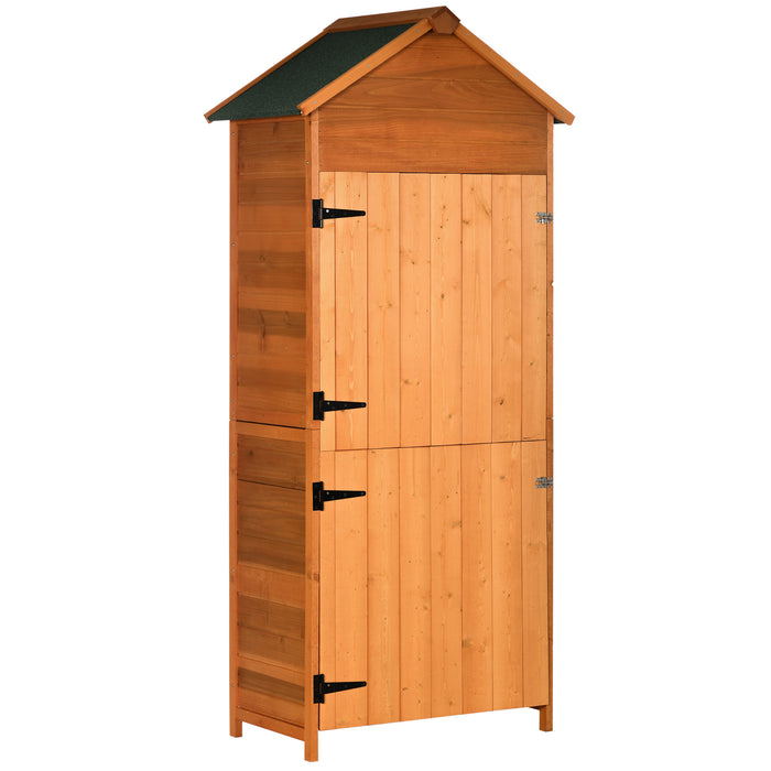 Wooden Garden Shed 4-Tier - 84x52 cm Teak Outdoor Cabinet with 3 Utility Shelves & Lockable Double Doors - Secure Tool Storage for Gardeners