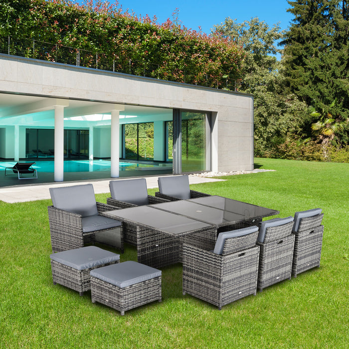 11pc Rattan Outdoor Dining Set - Patio Cube Sofa Weave Wicker Configuration with 6 Chairs, 4 Footrests, and 1 Table in Mixed Grey - Ideal for Entertaining 10 Guests in Garden Spaces