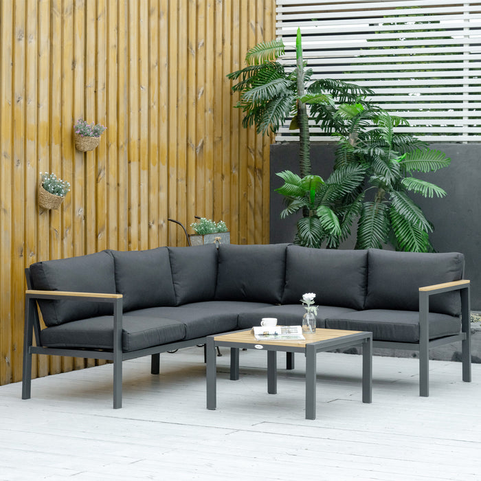 L Shape Aluminium 5 Seater Garden Corner Sofa Set - Outdoor Patio Conversation Furniture with Cushions and Coffee Table, Dark Grey - Ideal for Entertaining and Relaxation