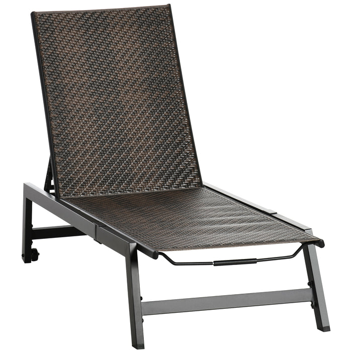 Rattan Sun Lounger with Wheels and Adjustable Backrest - Outdoor Wicker Patio Chaise Lounge Chair, 5-Position Comfort - Ideal for Sunroom, Garden, Poolside Lounging