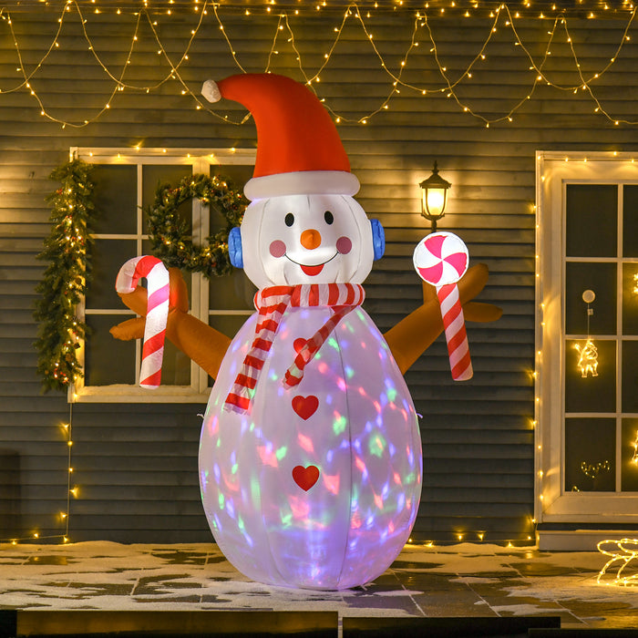 Inflatable Snowman with Candy Cane - 2.4m Tall, Rotating LED Light for Festive Display - Ideal for Garden, Lawn, & Indoor Holiday Decor