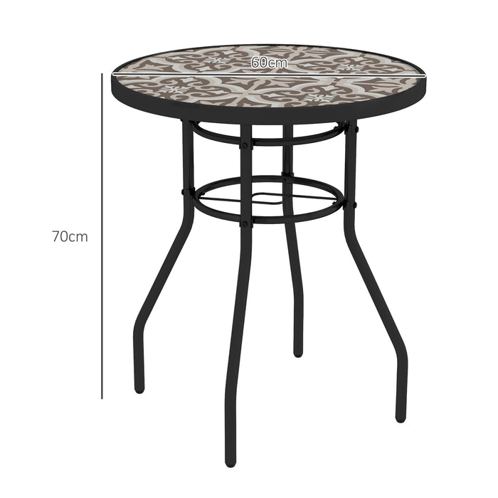 Tempered Glass Top Outdoor Table - Sturdy Steel Frame with Decorative Glass Print Design - Ideal for Porch and Balcony, Tan Brown Finish