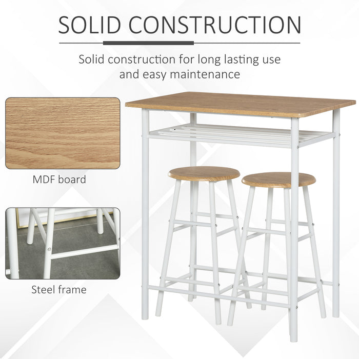 Modern Bar Table Set with 2 Stools - White & Oak Finish, Metal Frame Footrest & Storage Shelf - Ideal for Kitchen, Dining, Pub, or Café Spaces