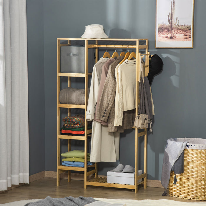 Bamboo Garment Rack with Shelf - Sleek Clothing Organizer with Hanging Rail & Side Hooks - Ideal for Entryway, Bedroom, Bathroom, Office Storage & Organization