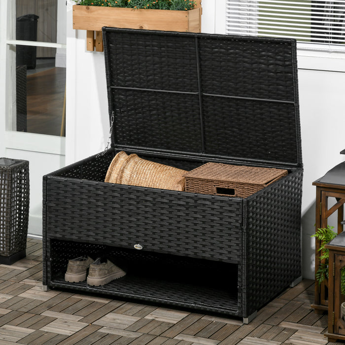 Outdoor PE Wicker Storage Box with Shoe Layer - Rattan Garden Deck Box for Indoor and Outdoor Use - Ideal for Spa Accessories, Black