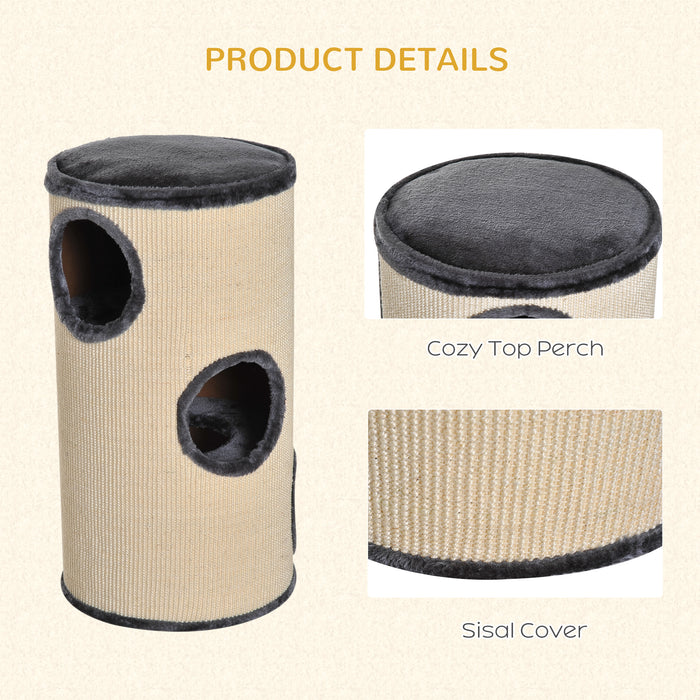 Plush Cat Tree Tower - Ф38x70H cm Two-Toned Beige/Grey Design - Perfect Climbing & Lounging Solution for Cats