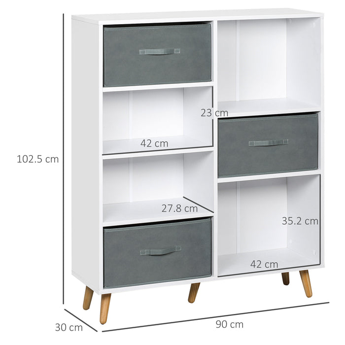 7-Cube Organizer with 3 Fabric Bins - Freestanding Storage Cabinet and Shelving Unit - Ideal for Home Office, Living Space, and Bedroom Clutter Control