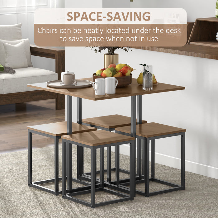 Industrial 5-Piece Table and Stool Dining Set - Stylish Square Design with Metal Frame in Cool Black and Brown - Compact Seating Solution for Home Dining Spaces