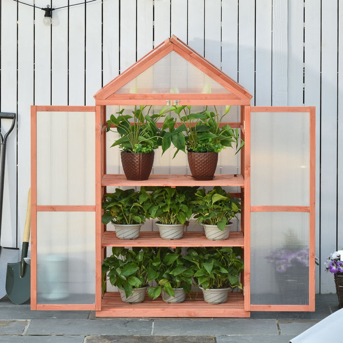 3-Tier Wooden Cold Frame - Polycarbonate Greenhouse with Adjustable Shelves and Double Doors, 80x47x138cm - Ideal for Garden Plant Growth and Protection