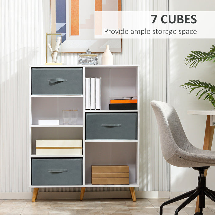 7-Cube Organizer with 3 Fabric Bins - Freestanding Storage Cabinet and Shelving Unit - Ideal for Home Office, Living Space, and Bedroom Clutter Control