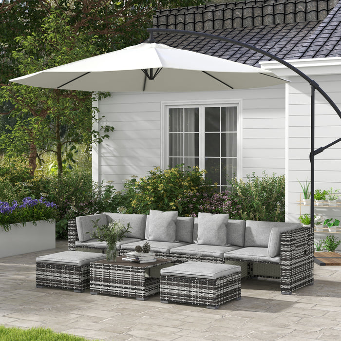 7-Piece Rattan Outdoor Ensemble - Sofa, Footstools, Coffee Table with Side Shelves, Comfy Cushions & Pillows, Mixed Grey - Ideal for Patio Relaxation & Entertaining