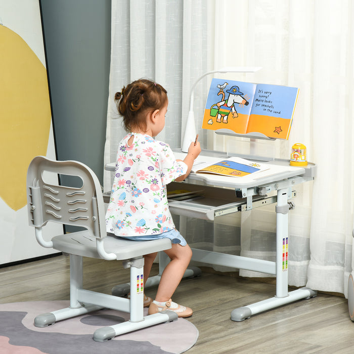 Activity Desk with USB Lamp - Kids Table and Chair Set with Storage Drawer for Study & Crafts - Ideal for Children's Creative Activities, Grey and White