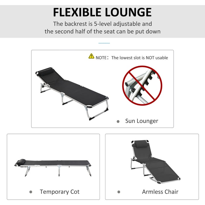 Foldable Sun Lounger with Pillow - 5-Level Adjustable Reclining Chair, Aluminium Frame Cot - Ideal for Camping and Relaxing in Comfort